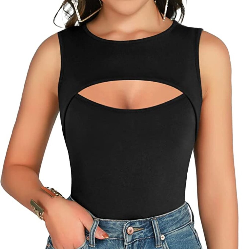 NWT Black Short Sleeve Cutout Bodysuit MANGOPOP M